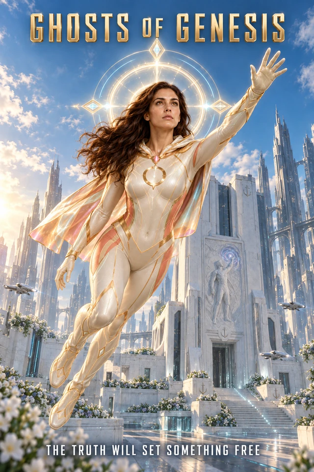 Ghosts of Genesis: Dawn Mercer flying above Anchor Memorial Hall, with the tagline The truth will set something free